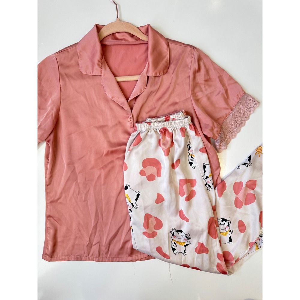Pajama Set Short Sleeve Top & Pants Cow Print‎ Sleepwear Loungewear